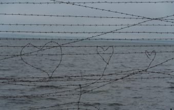 a couple of hearts drawn on a barbed wire fence