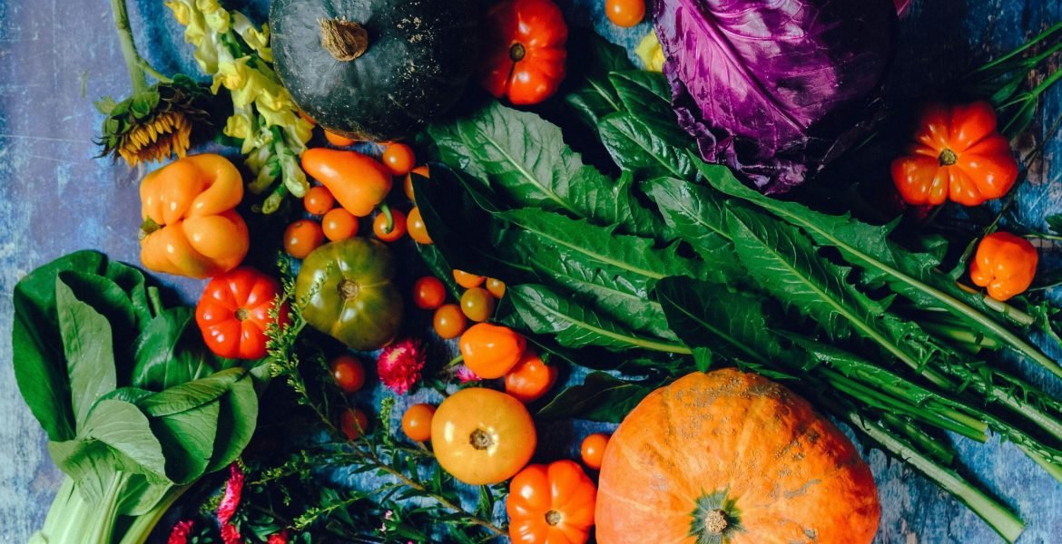 vegies on blue surface